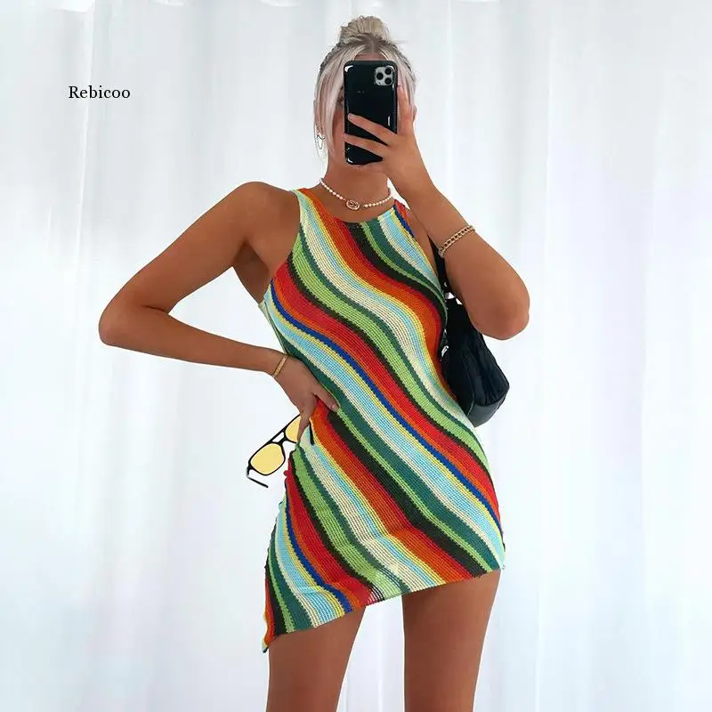 

Женские шикарные летние топ с o-образным вырезом, трикотажные хлопковые платья-майки вечерние клуб мини-платье без рукавов с запахом в полоску модное платье