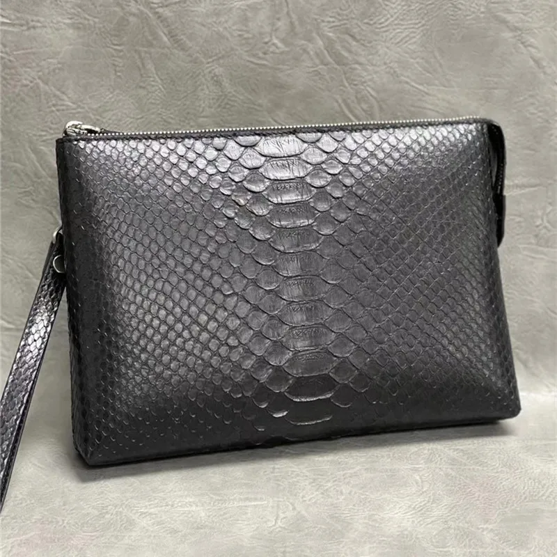 

Authentic Real True Leather Men's ZIP Black Serpentine Clutch Bag Genuine Exotic Leather Male Large Card Holders Wristlets Purse