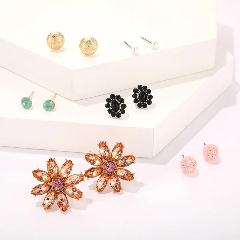 

Luxury Crystal Orange Flower Ball Stud Earrings Set For Women Bohemian Candy Color Jewelry