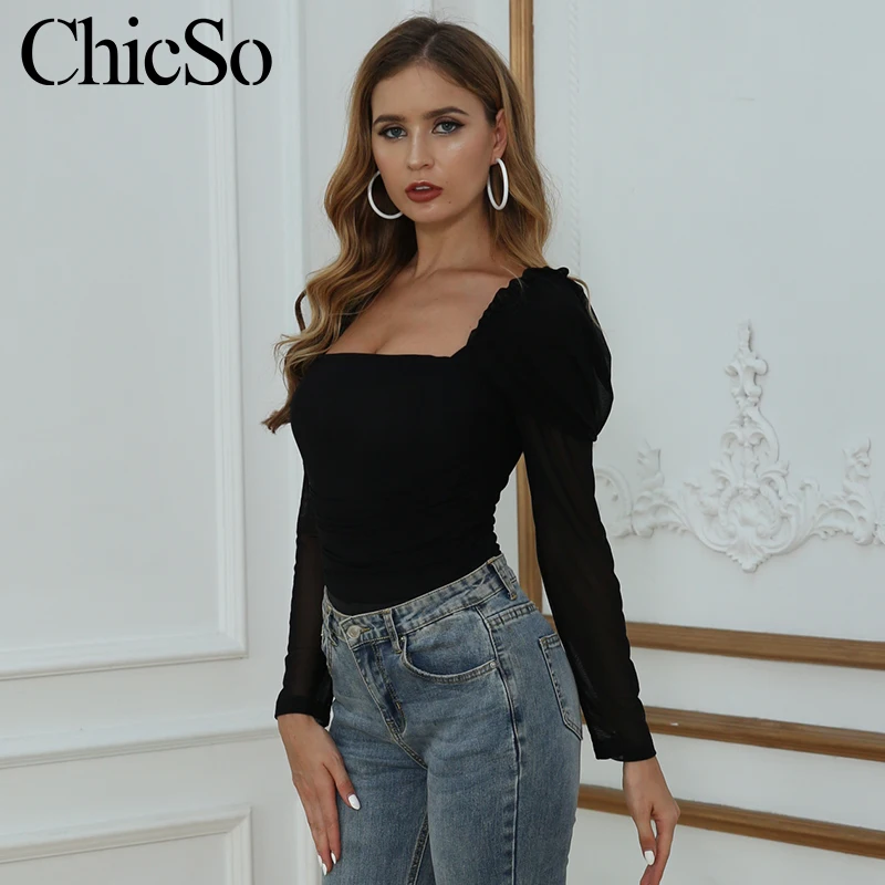 Женский прозрачный комбинезон из сетки MissyChilli черный с длинными рукавами и