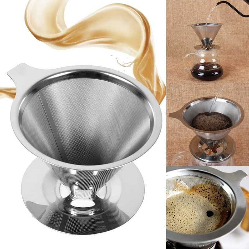 

Stainless Steel Pour over Coffee Dripper Double Layer Mesh Filter Cup Stand Universal Reusable Fine Mesh Filter