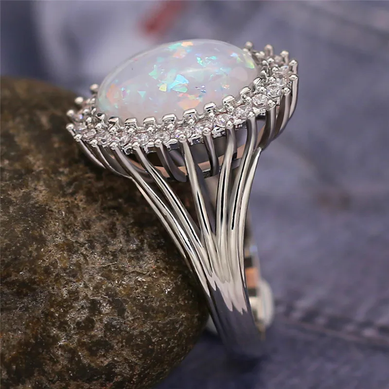 

Cute Boho Female White Oval Opal Ring Luxury Silver Color Wedding Band Ring Promise Bridal Crystal Engagement Rings For Women