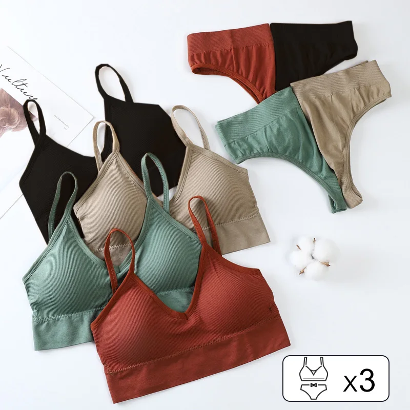 

3pc Women's Underwear Sexy Bra Briefs Set Bras for Women Tube Top Seamless Lingerie Thongs Panties G String Camis Bandeau Top