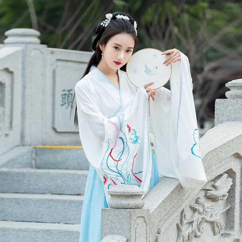 Традиционный китайский белый цветочный принт женский костюм Hanfu Dynastie Tang