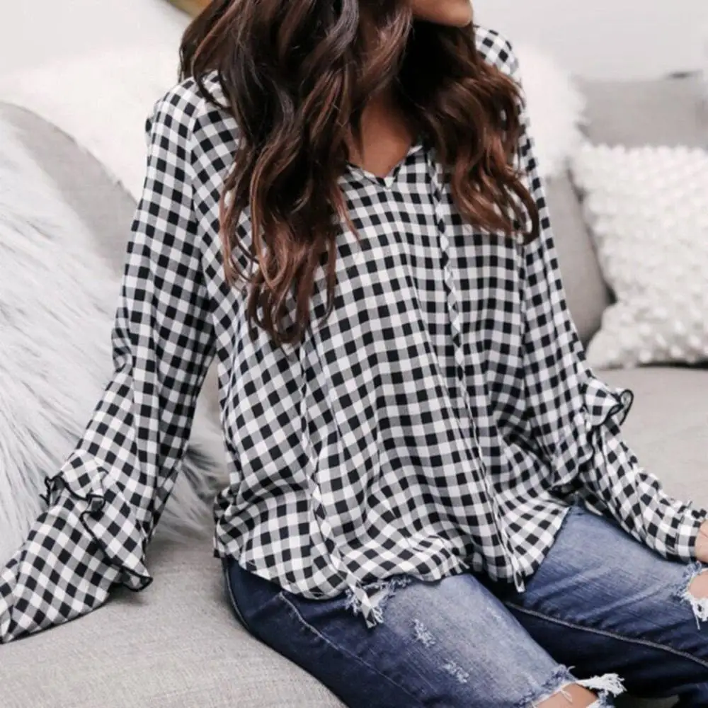 Женская рубашка модная блузка с V образным вырезом длинными рукавами клетчатый