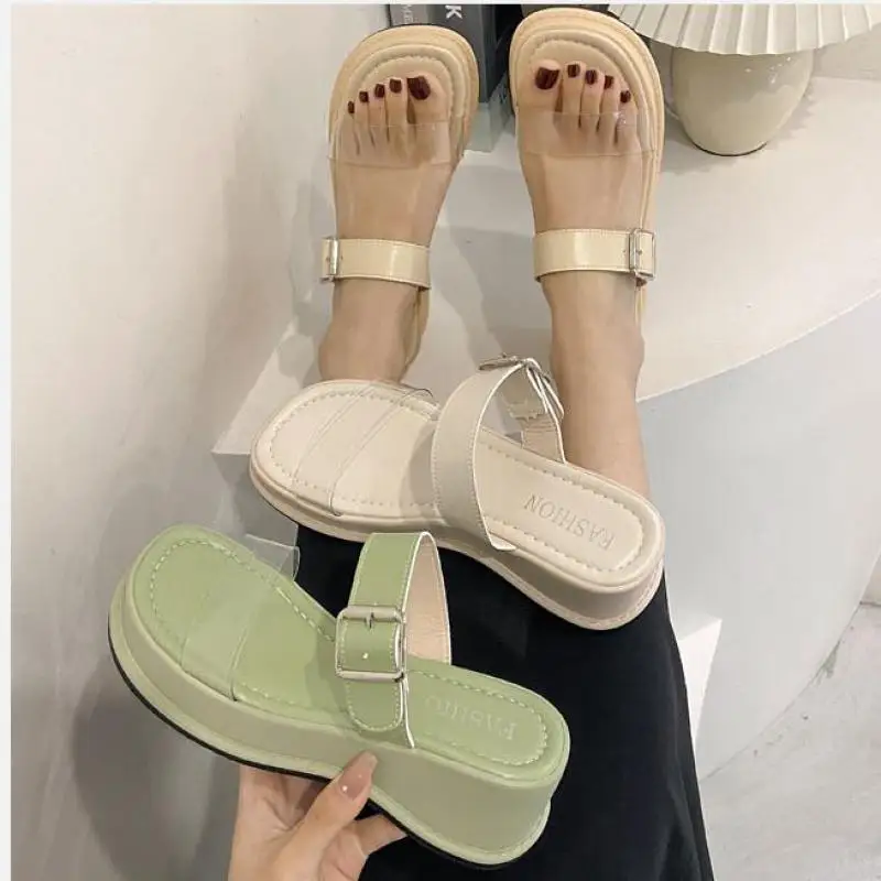 

Transparent Wedges Slippers 2021 Summer High Heels Sandals Out Wear Fashion Thick-soled Flat Platform Beach Slipper Slides Shoes