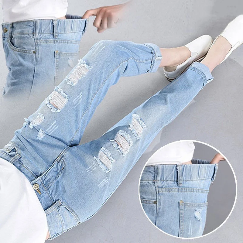 

SHZQ Broken Jeans Women's Elastic Waist Loose Waist Joker Harlan Pants