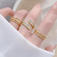 fashion korean 14k plated gold micro inlaid cz open design ring for femme aaa bling zirconia adjustable double layers bijoux