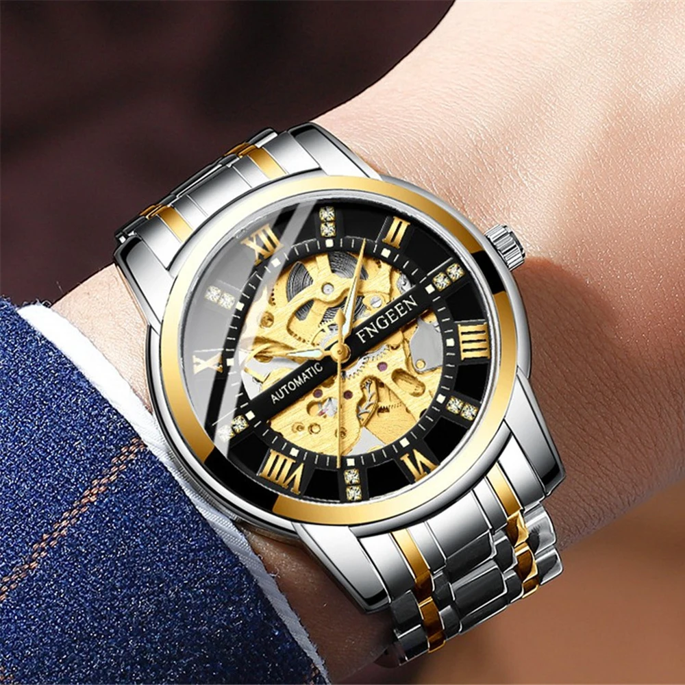 

FNGEEN Brand Transparent Fashion Mechanical Skeleton Wrist Watch Men Automatic Clock Men Waterproof relogio masculino 2020
