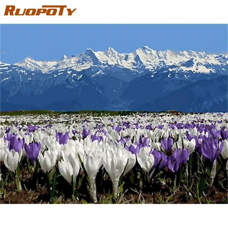 

RUOPOTY Раскрашивание по номерам, снежный Горный пейзаж, DIY Раскрашивание по номерам на холсте, без рамки на холсте, украшение для дома, уникальн...