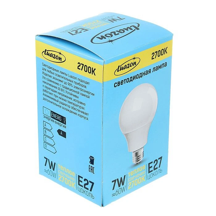 Лампа светодиодная Luazon Lighting А60 7 Вт E27 2700 К AL радиатор теплый белый 1489116 | Лампы и