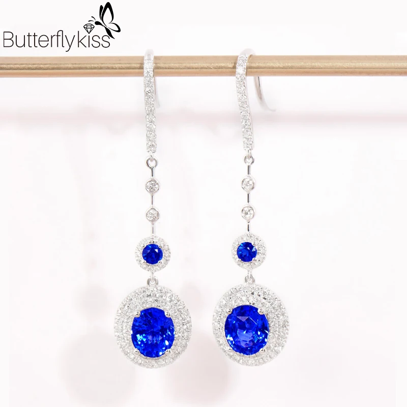 

BK White Gold Sapphire Drop Earrings For Women Genuine Gold 585 18k Simple Luxury 4.36g Diamond Anniversary Wedding Fine Jewelry