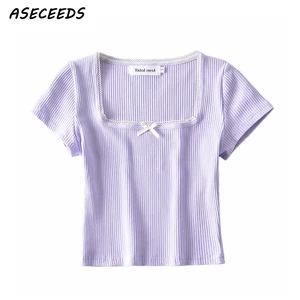 Весна 2018 корейский Винтаж Лето Черный Белый короткий топ Женская трикотажная футболка с коротким рукавом kawaii уличная