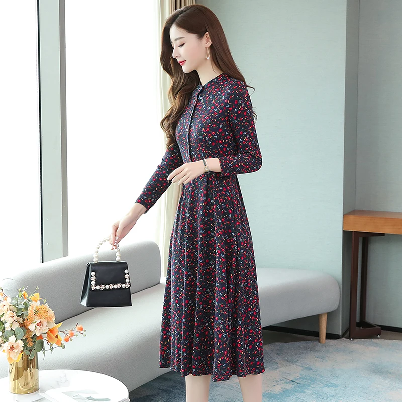 2019 платье с цветочным рисунком женское Плиссированное винтажное длинным рукавом