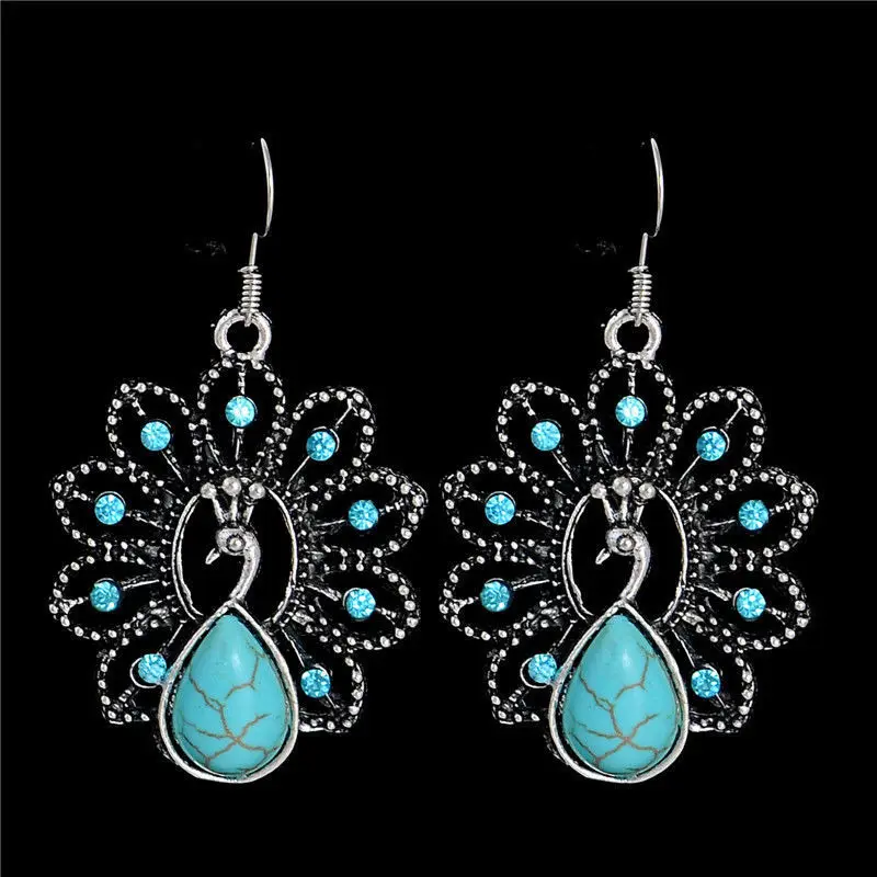 

Vintage 100% 925 Silver peacock shap Earrings for Women Bohemian Jewelry Tibetan Turquoises Dangle Earrings gift for girl