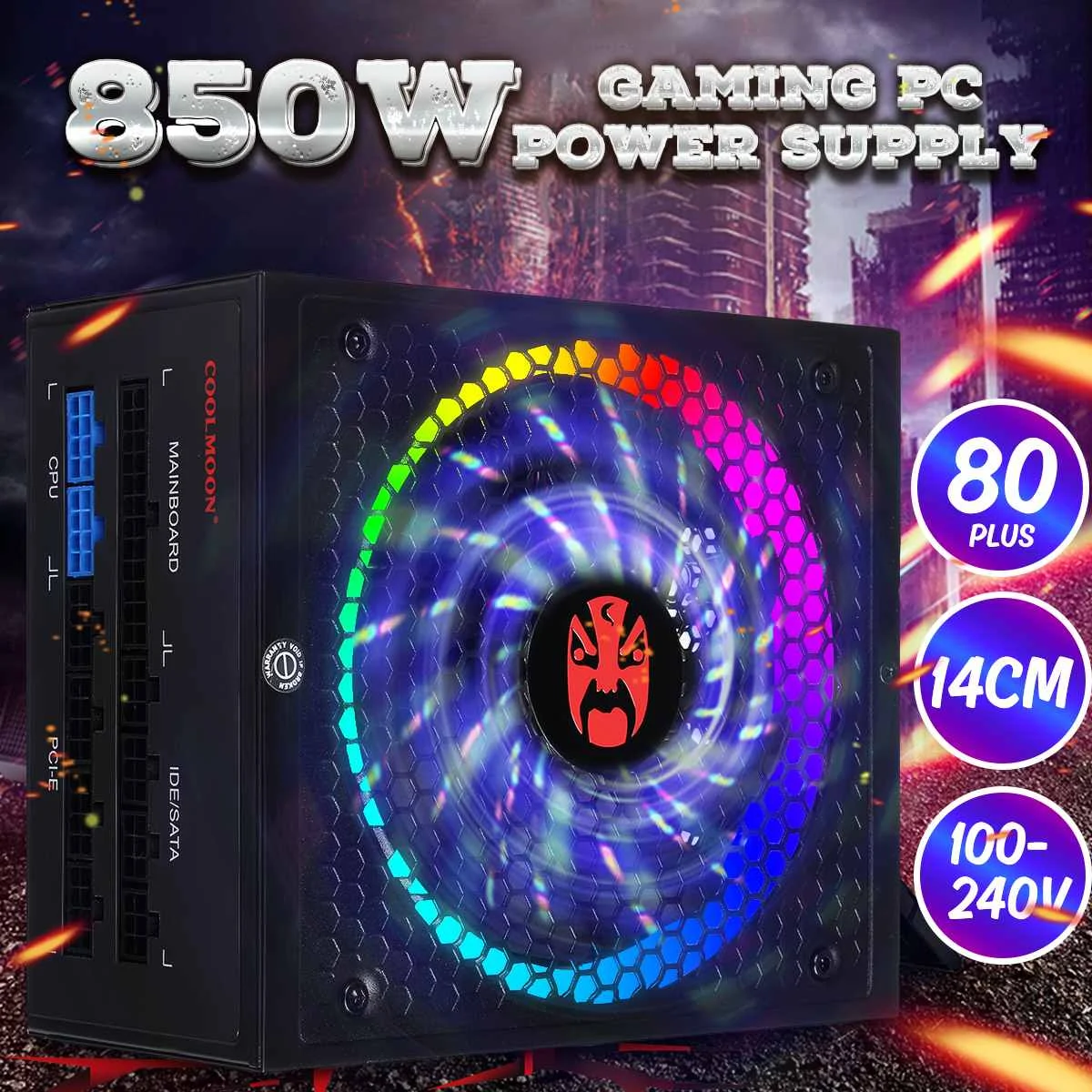 

850W 100-240V Computer Gaming Power Supply 90% Efficiency 80plus RGB ATX 12V Active PFC PC Power Supply Intelligent Fan
