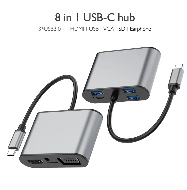 USB-концентратор 8 в 1 Тип C на HDMI совместимый с VGA PD TF 3 5 мм USB3.0 Usb2.0 концентратор