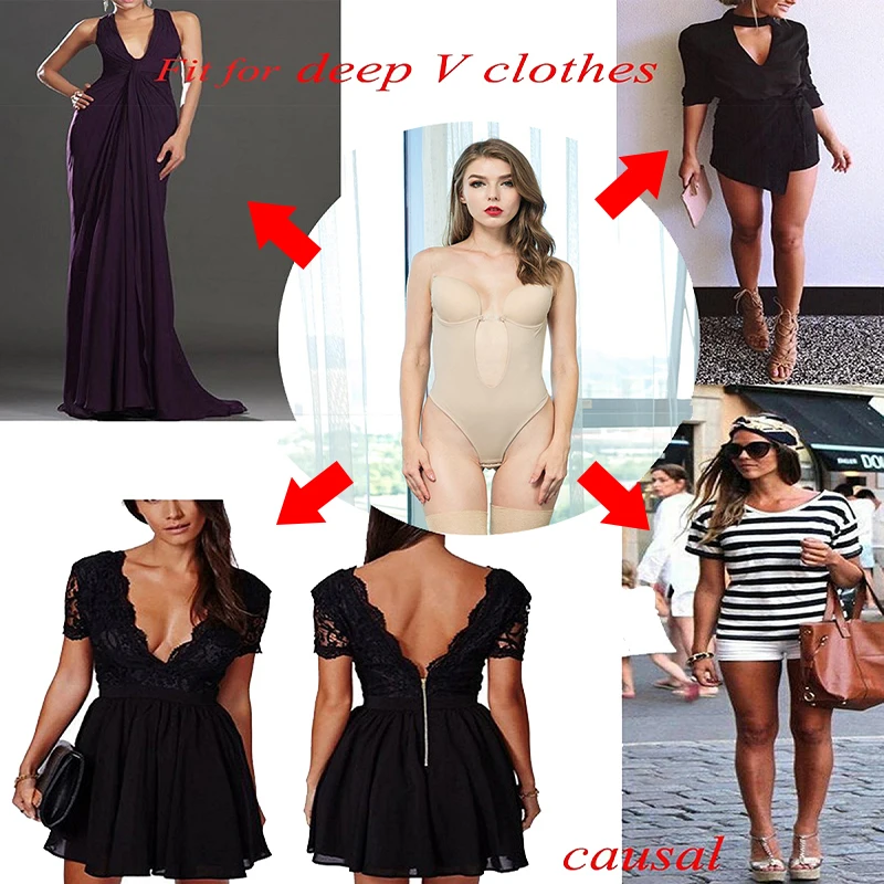 

Women Bodysuit Shapewear Deep V-Neck Push Up Body Shaper Backless U Plunge Thong Corset with Bras Padded