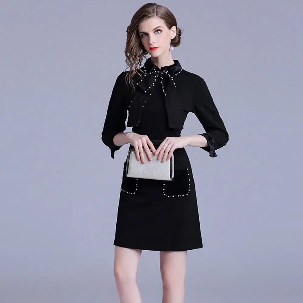 Женское вечернее платье HAMALIEL черное винтажное с рукавом три четверти и отложным