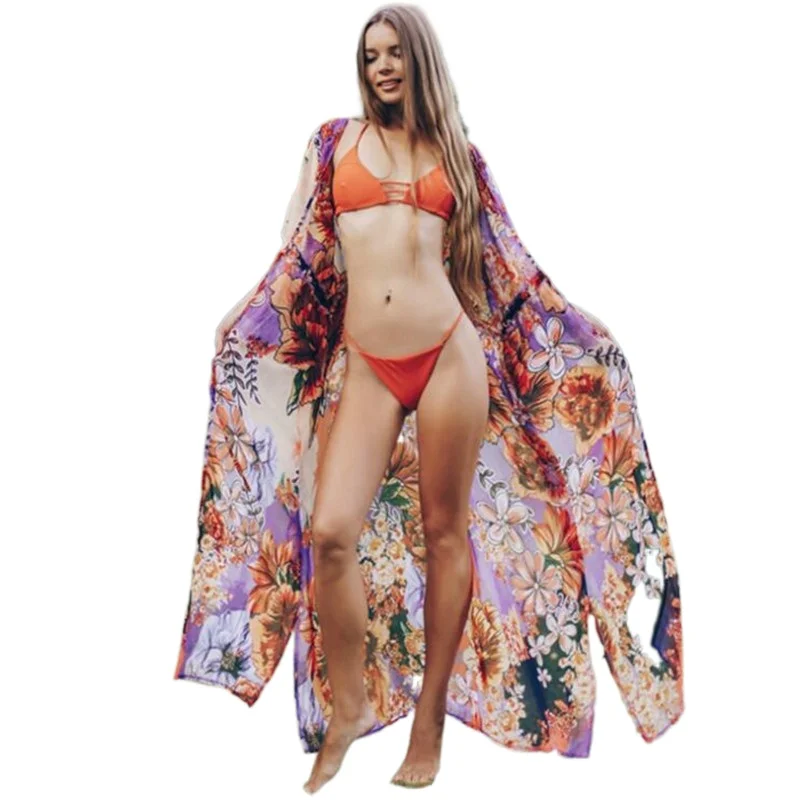 

New Bikini Cover-Ups Chiffon Big Flower Print Loose Self-Tie Women's Summer Kimono Dress Beach Wear Swim Suit Cover Up