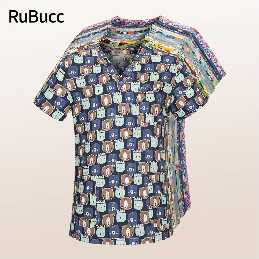 

Униформа с мультяшным принтом для женщин, Рабочая Униформа для салона красоты, милая лабораторная одежда, одежда с коротким рукавом и V-обра...