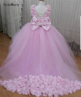 pink 3d flowers tulle baby girl birthday dress with bow kids clothes with pearls 6m 9m 12m 24m