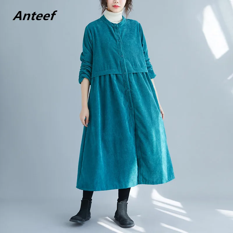 Женское вельветовое платье с длинным рукавом в винтажном стиле повседневное