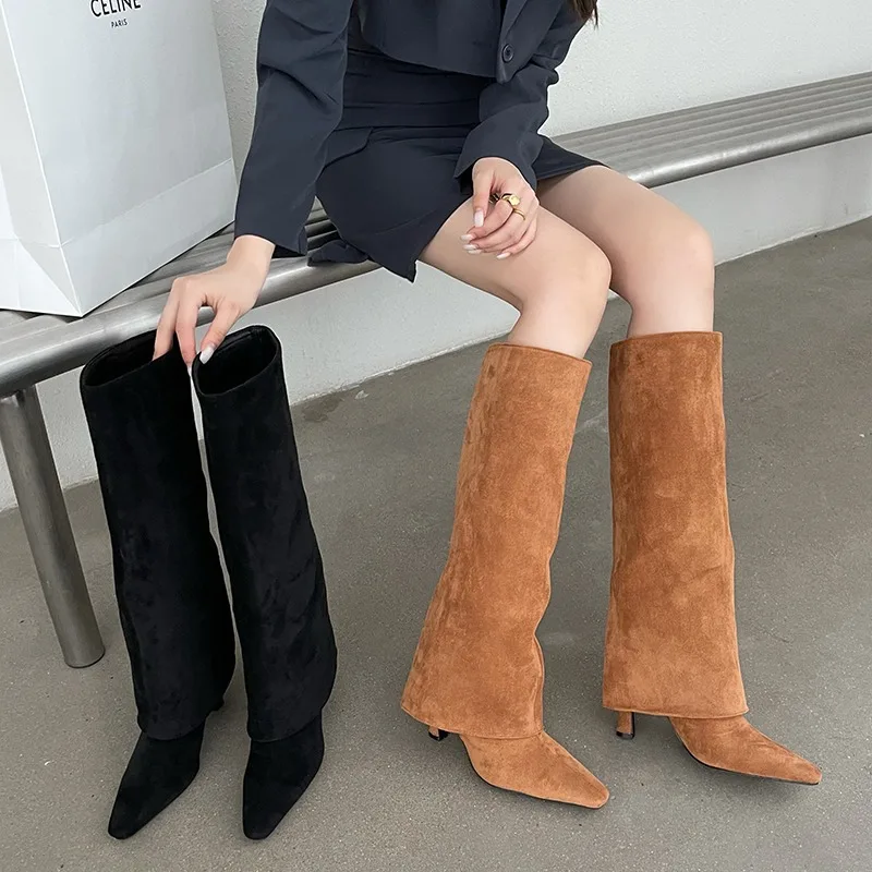 

[GOGD]2021 New Romanesquel chic pant Boots Pointed Toe Winter Warm Cowboy Boots Shoes Women fold Knee High Boots Suede material