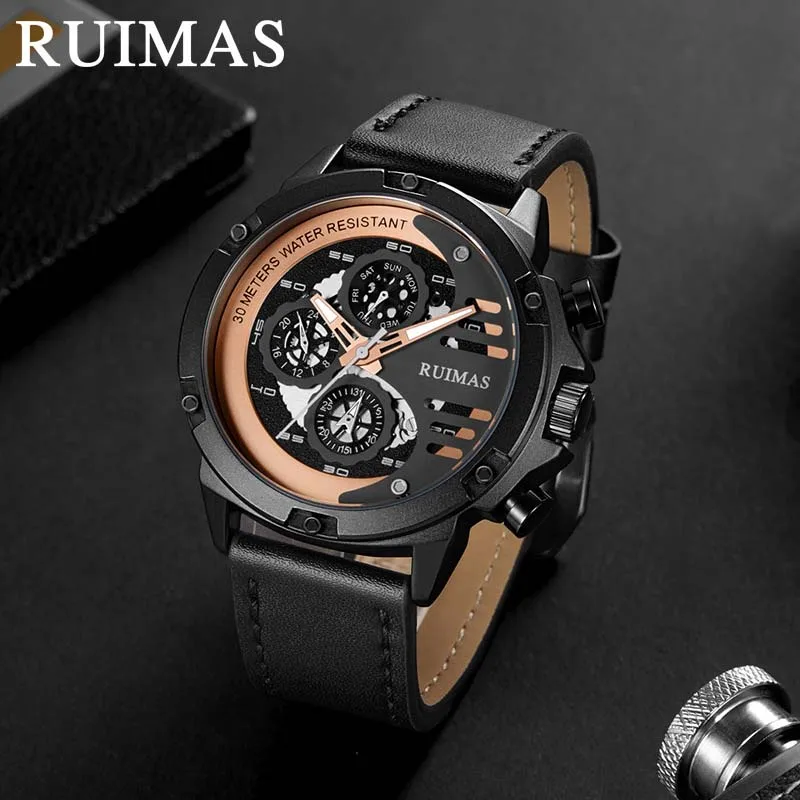 

RUIMAS Hardlex Mirror Luxury Man's Wristwatch Waterproof Sport Quartz Watches Men 24-hour Indication, Week Display, Luminous