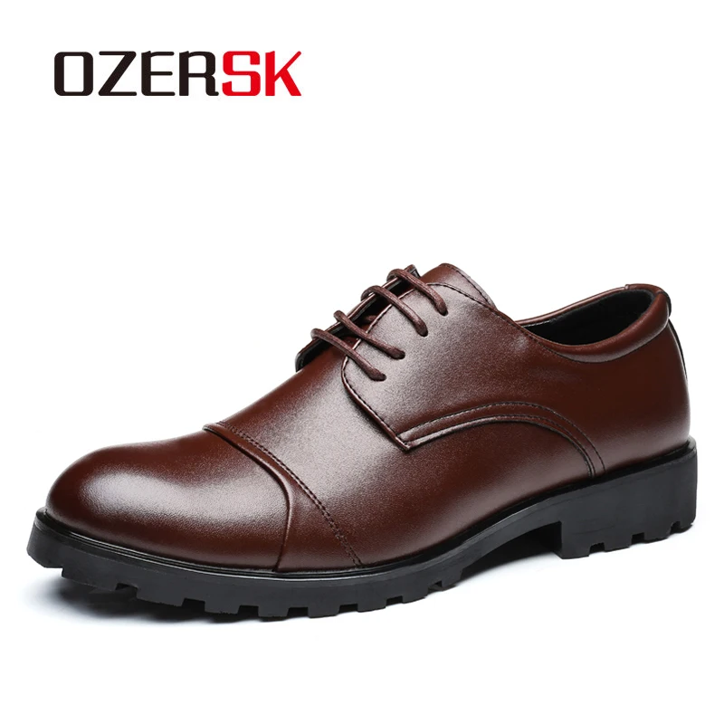 

OZERSK 37-48 Fashion Genuine Leather shoes Men Dress Shoe Round Oxfords Shoes For Men Lace Up Designer Luxury Men Formal Shoes