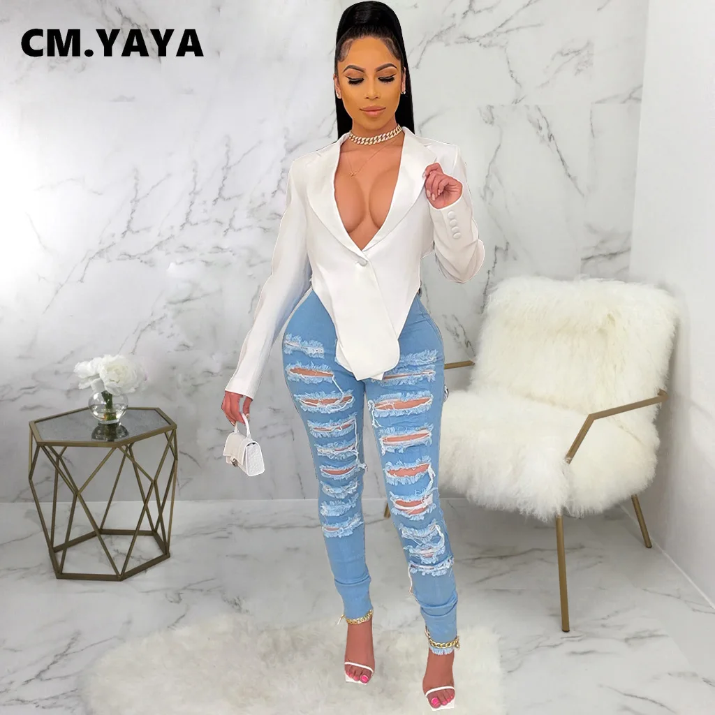 

CM.YAYA Women Jeans Solid Ripped Hole Zipper Mid Waist Stretchy Pencil Denim Pants Fashion Casual Streetwear Summer Trousers