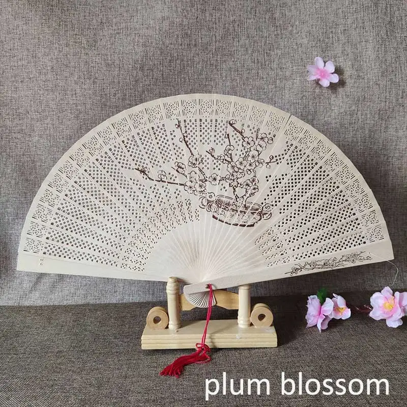 1Pcs Chinese wood carving printing Vintage antique craft fan Incense wood lady folding fan - Цвет: plum blossom