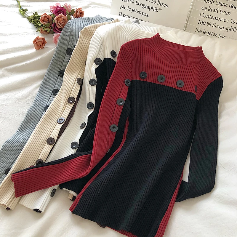 

2020 Autumn Korean Elegant Vintage Sweaters OL Long Sleeve Button Jumper Femme Hit Color Patchwork Turtleneck Sueter Mujer