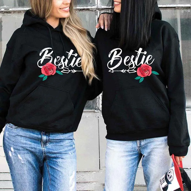 Bff толстовка с цветочным принтом и буквенным принтом лучший друг Толстовка для женщин с длинным рукавом Толстовка с капюшоном Harajuku пуловер