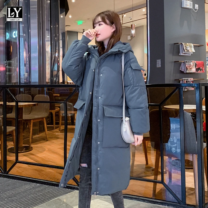 

LY VAREY LIN Cotton Coats Women 2020 New Winter Big Pockets Hooded Parkas Korean Style Thicken Long Padded Jackets Bubble Coats