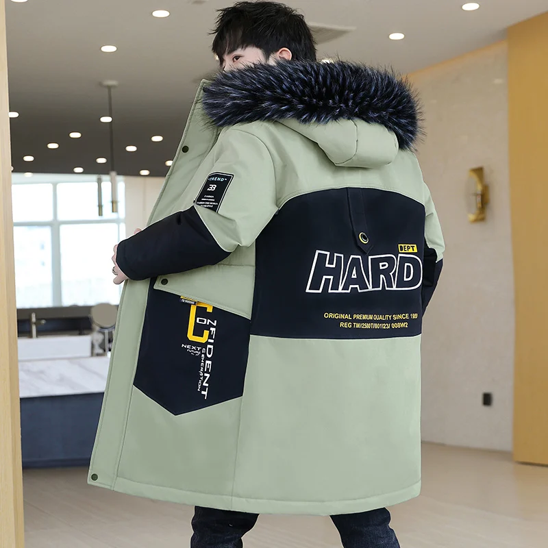 Winter 2021 New Men's Hooded Thick Coat Middle-length Handsome Teenagers Fashion Handsome Plus Fur Collar Cotton-Padded Jacket