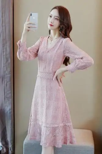

Korean 2019 Loose Fashion Dresses V Neck High Waist Brief Summer Dress Fashion Casual Sexy Lace Vintage Dress