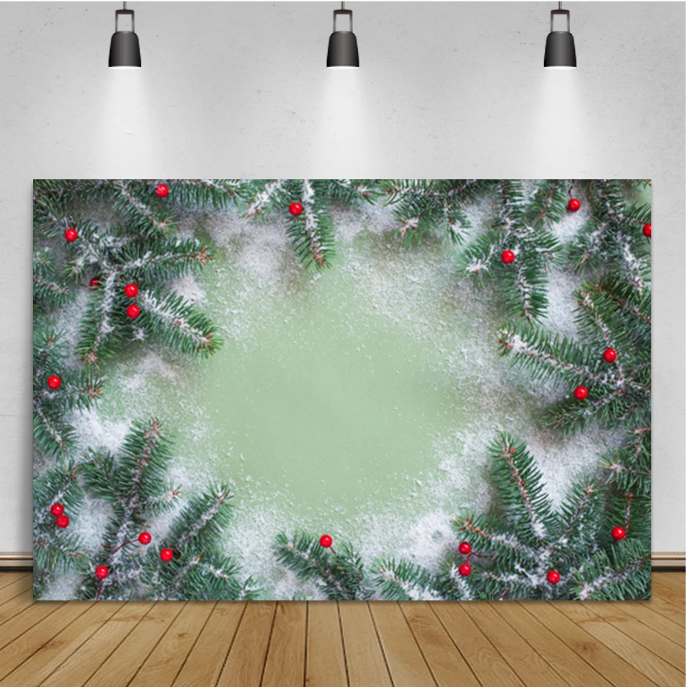 

Laeacco Christmas Background Photocall Green Branches Garland Snow Birthday Photographic Backdrop For Photo Studio