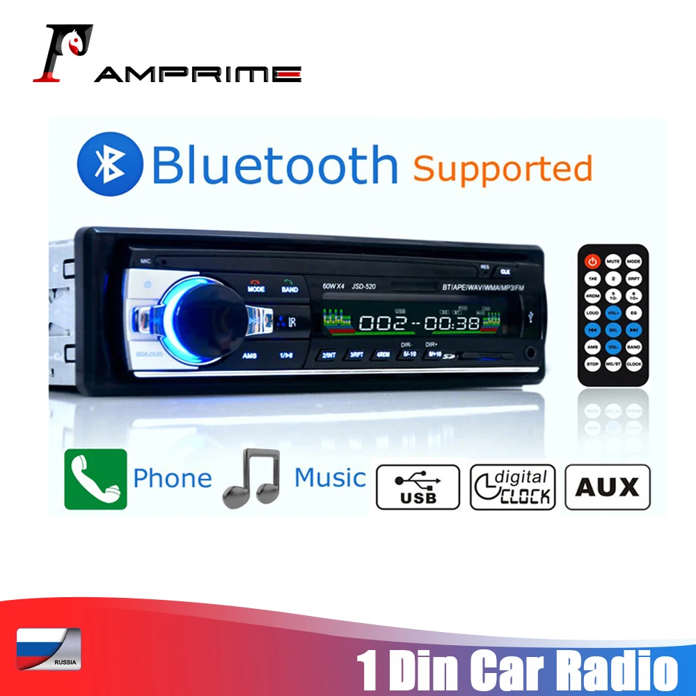 Автомобильная магнитола AMPrime, универсальный стереопроигрыватель 1 din с MP3-JSD520, Bluetooth, Aux, USB/ TF-картой