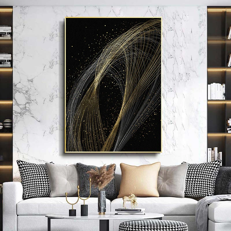 

Abstract Golden Line Blackground Wall Art Luxury Canvas Painting Cuadros Poster Prints for Living Room Home Decoration Picture