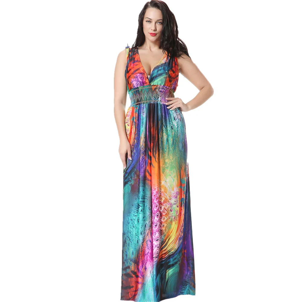 Женское длинное пляжное платье с принтом без рукавов|Женские платья| |