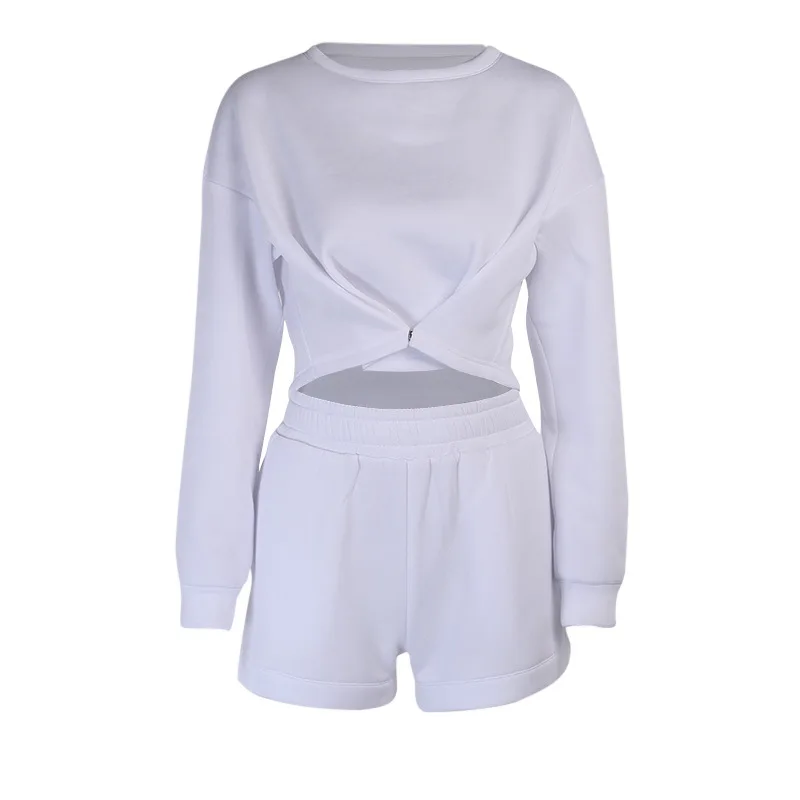 

Sports Daily Casual Solid Autumn Two Piece Set Women O Neck Long Sleeve Button Crop Top Stretchy High Waist Shorts Street
