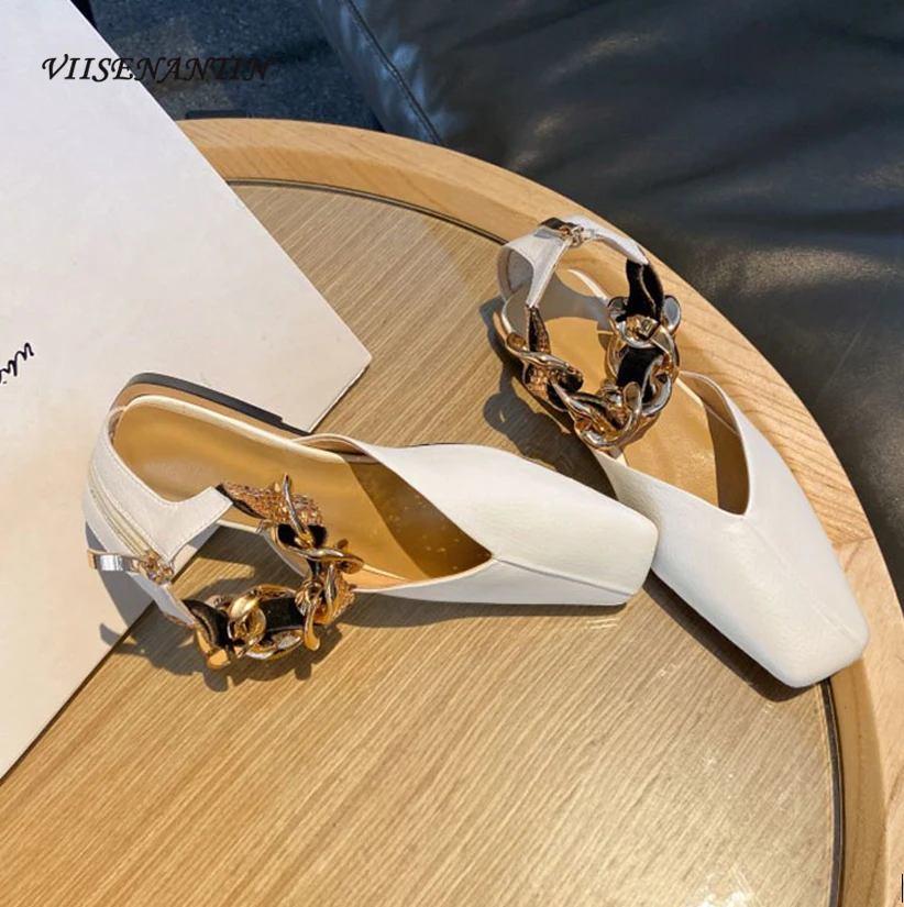 

New Style French Leather Chain Ring Strap Flat Toe Cap Sandals Solid Color Square Toe Side Hollow Zipper Women's Single Shoes