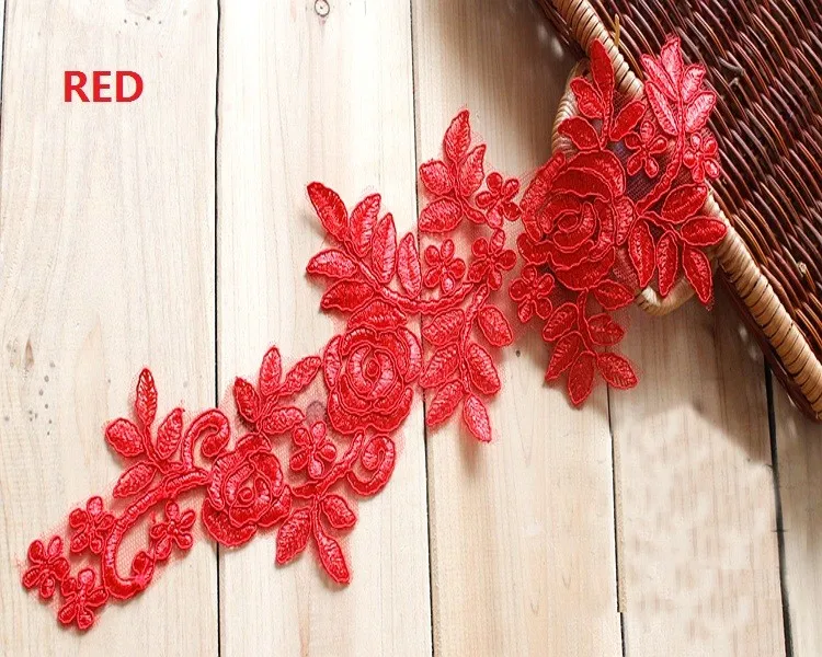 Red 4 шт. цвета свадебное платье Цветочная вышивка Швейные кружевные нашивки-аппликации Цветочная отделка DIY ремесло 37X11 см - Цвет: Red