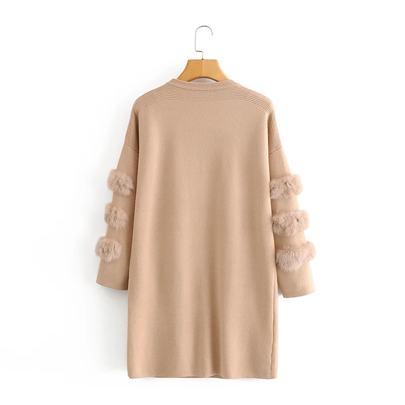 

New Autumn Winter Knit Pollover Sweater For Women Fashion Fur Pocket Long Sleeve Loose O-neck Midi Sweaters Dress