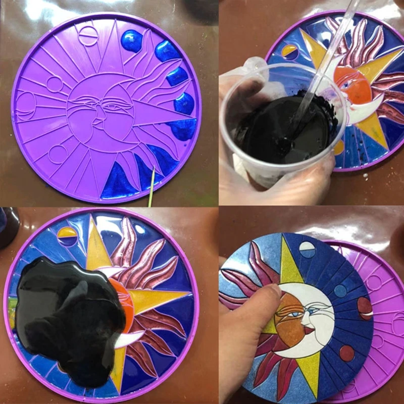 

Crescent Moon and Sun Coaster Resin Mold Line Art Sun with Star Face Round Molds