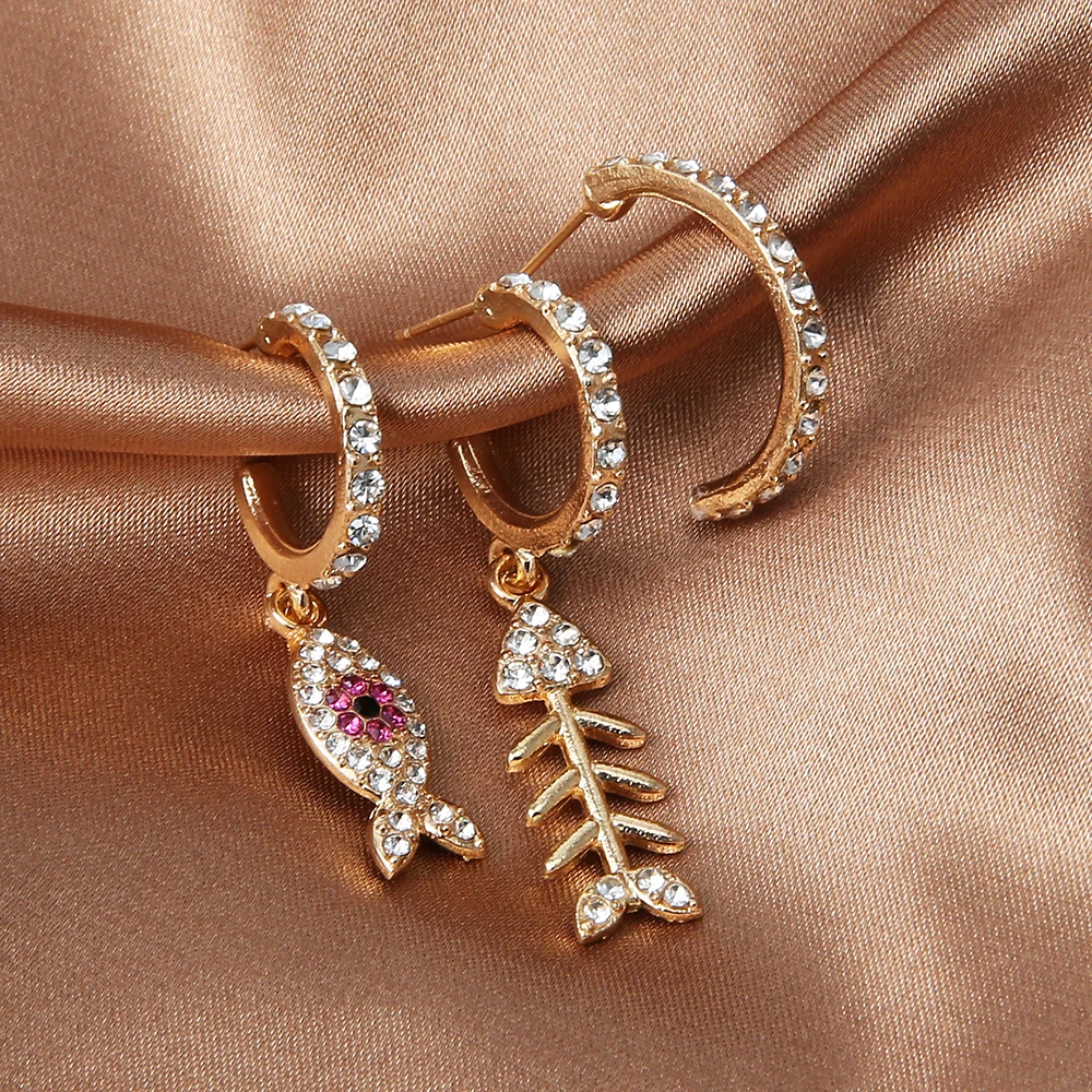 Серьги-подвески JEWDY Boho Fishbone 3 шт./компл. Стразы серьги-подвески в виде рыбы