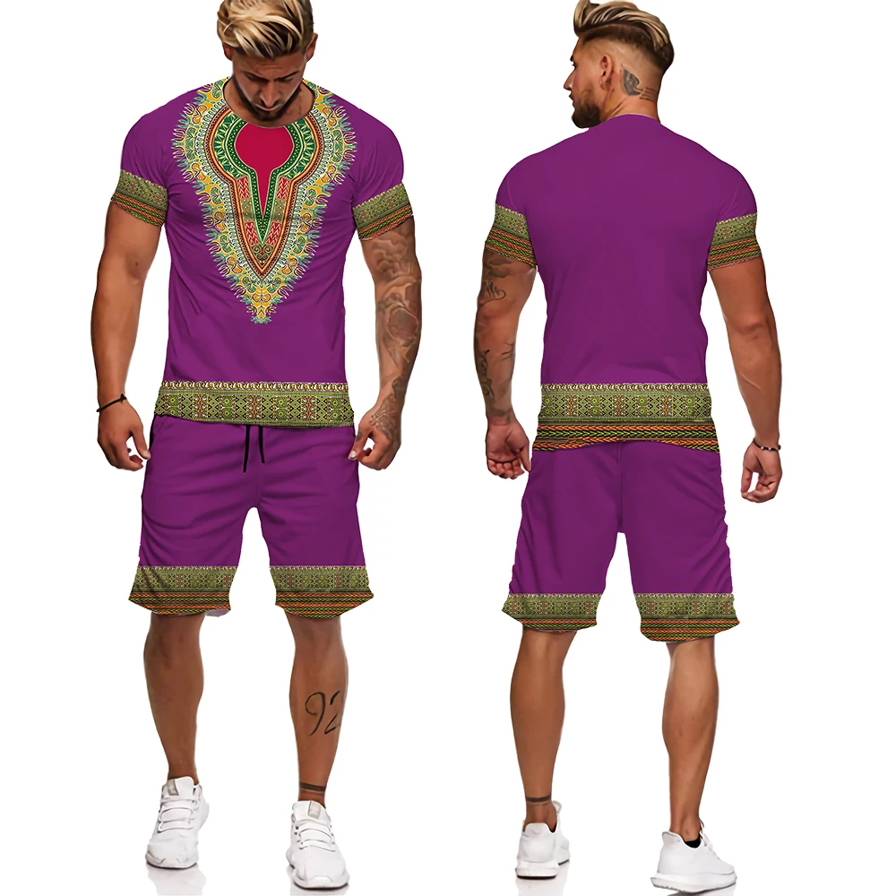 

Men's 3D Dashiki Print T-shirt + Shorts Set Dashiki African Indian Folk-custom Clothes Short Suit Couple Tracksuit