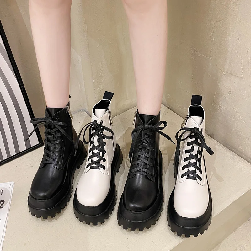

Summer Boots Women Autumn Shoes Round Toe Boots-Women Flat Heel Zipper Rock Riding White Med Ladies Lolita 2021 Ankle
