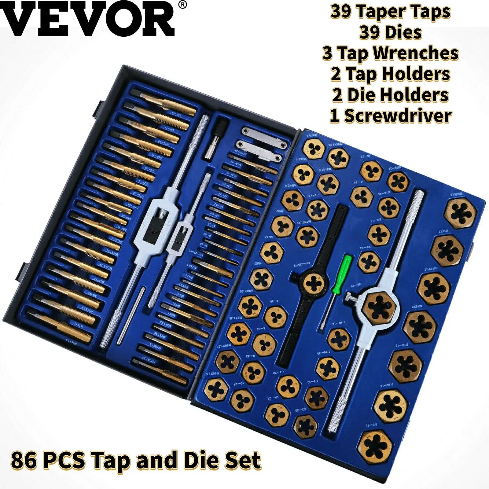 VEVOR 86 PCS Tap and Die Set Drill Tap Set Metric Hand Threading Wrench Tools Tungsten Steel Durable Adjustable W/ Storage Case